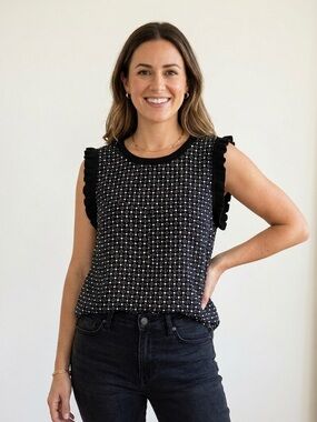 Les Serein Black White Polka Dot Ruffle Sleeve Top Blouse Size M
